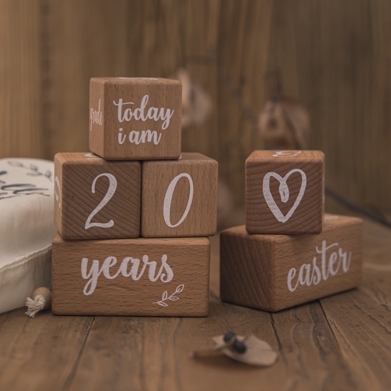 6Pcs/1Set Baby Milestone Beech Block Square Engraved Newborn Birth Month Birthday Milestones Block Photography Tool Accessories